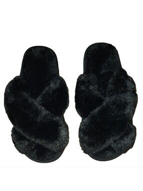 Cross Band Indoor Outdoor Soft Open Toe Black Fuzzy Slippers Size 9/10 NWOT